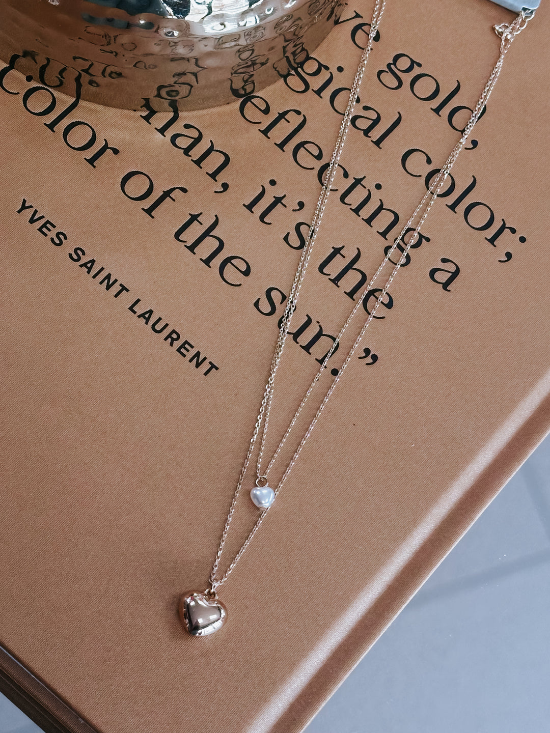 Metallic and Pearl Heart Charms Layered Necklace
