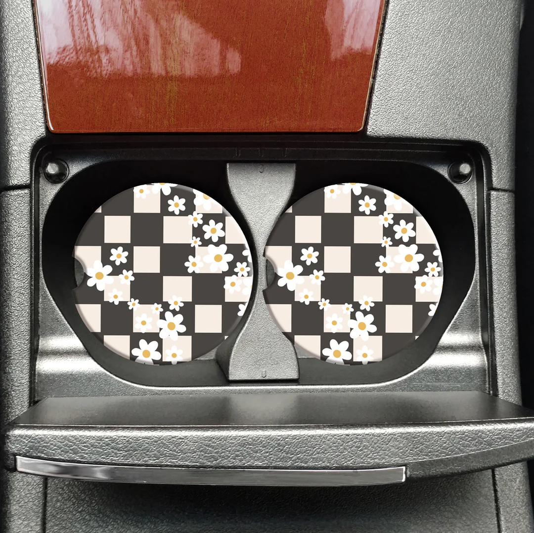 Checkered Daisy Car Coasters