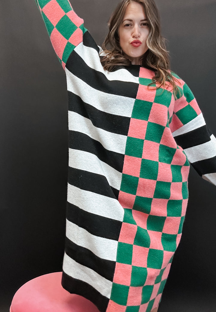 The Checkered and Stripe Oversized Sweater Dress