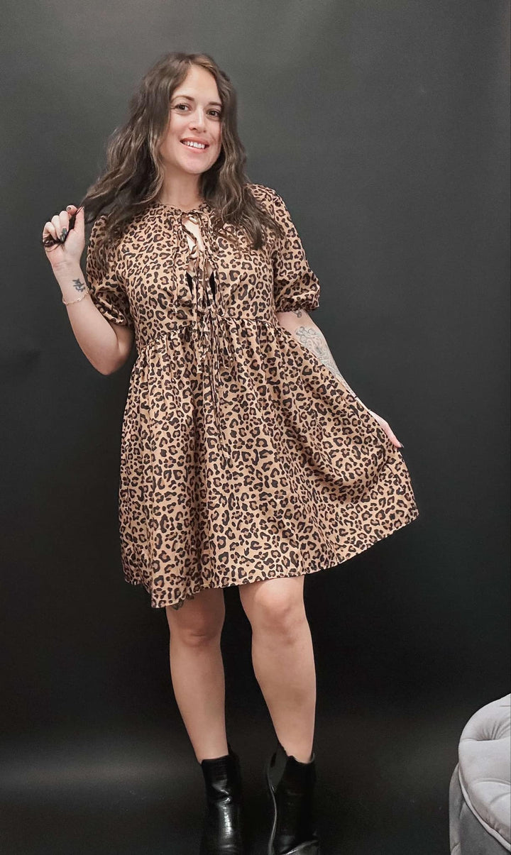 Leopard Puff Sleeve Front Bow Dress