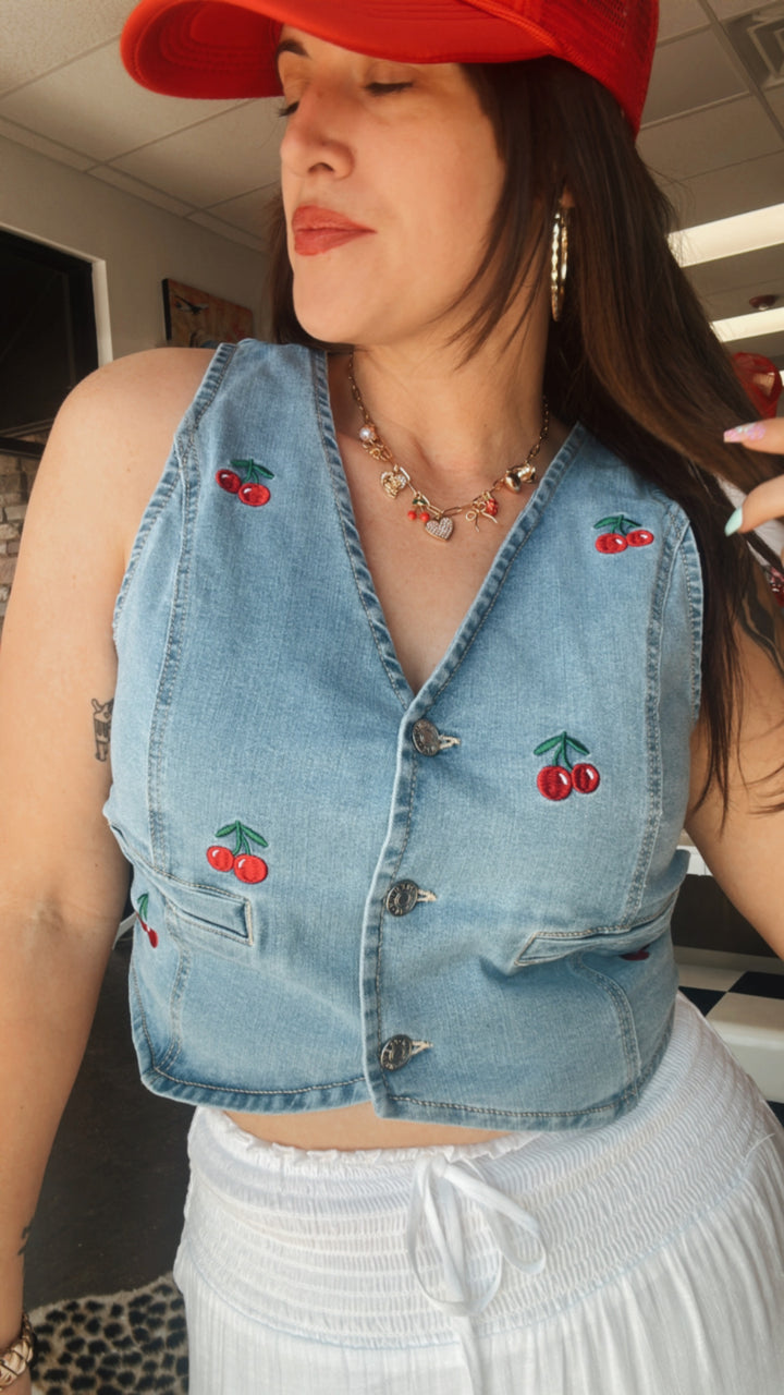 Cherry Denim Vest