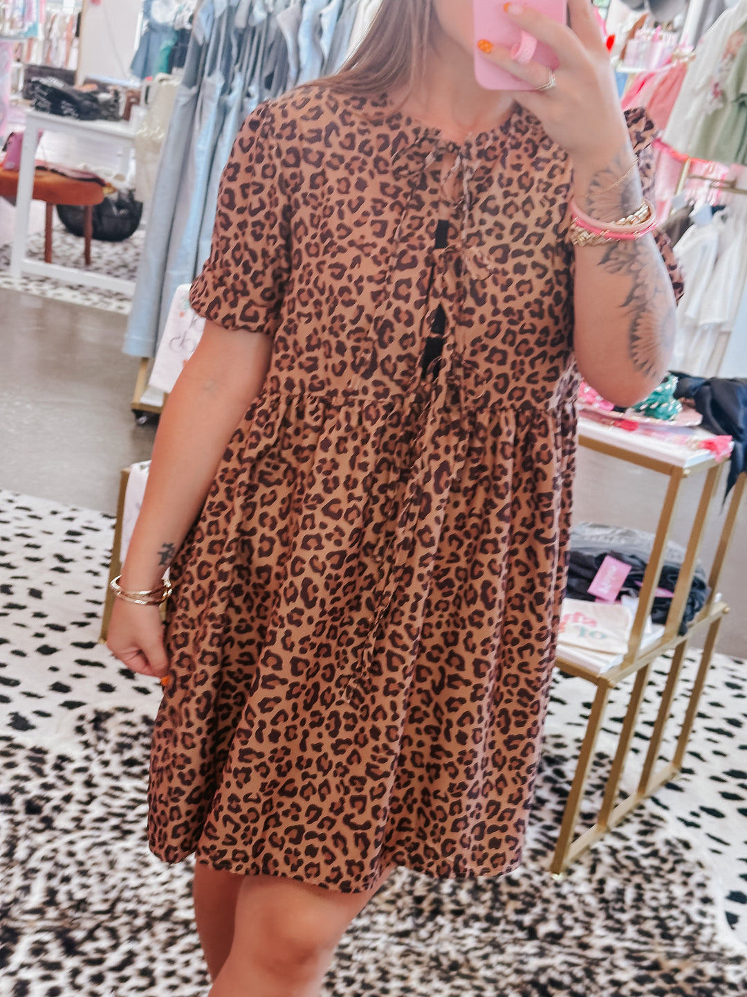 Leopard Puff Sleeve Front Bow Dress