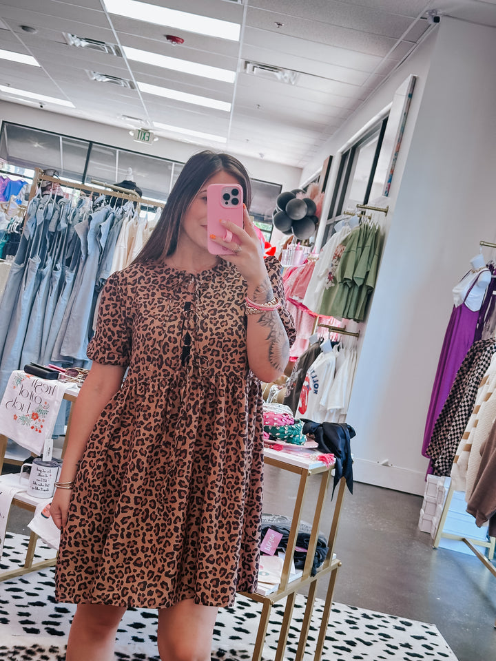 Leopard Puff Sleeve Front Bow Dress