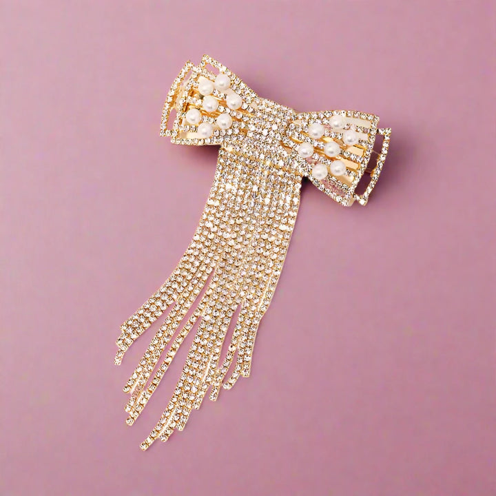 Pearl Rhinestone Bowtie Fringe Hair Clip