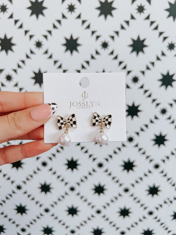 Checker Bow Pearl Drop Earrings