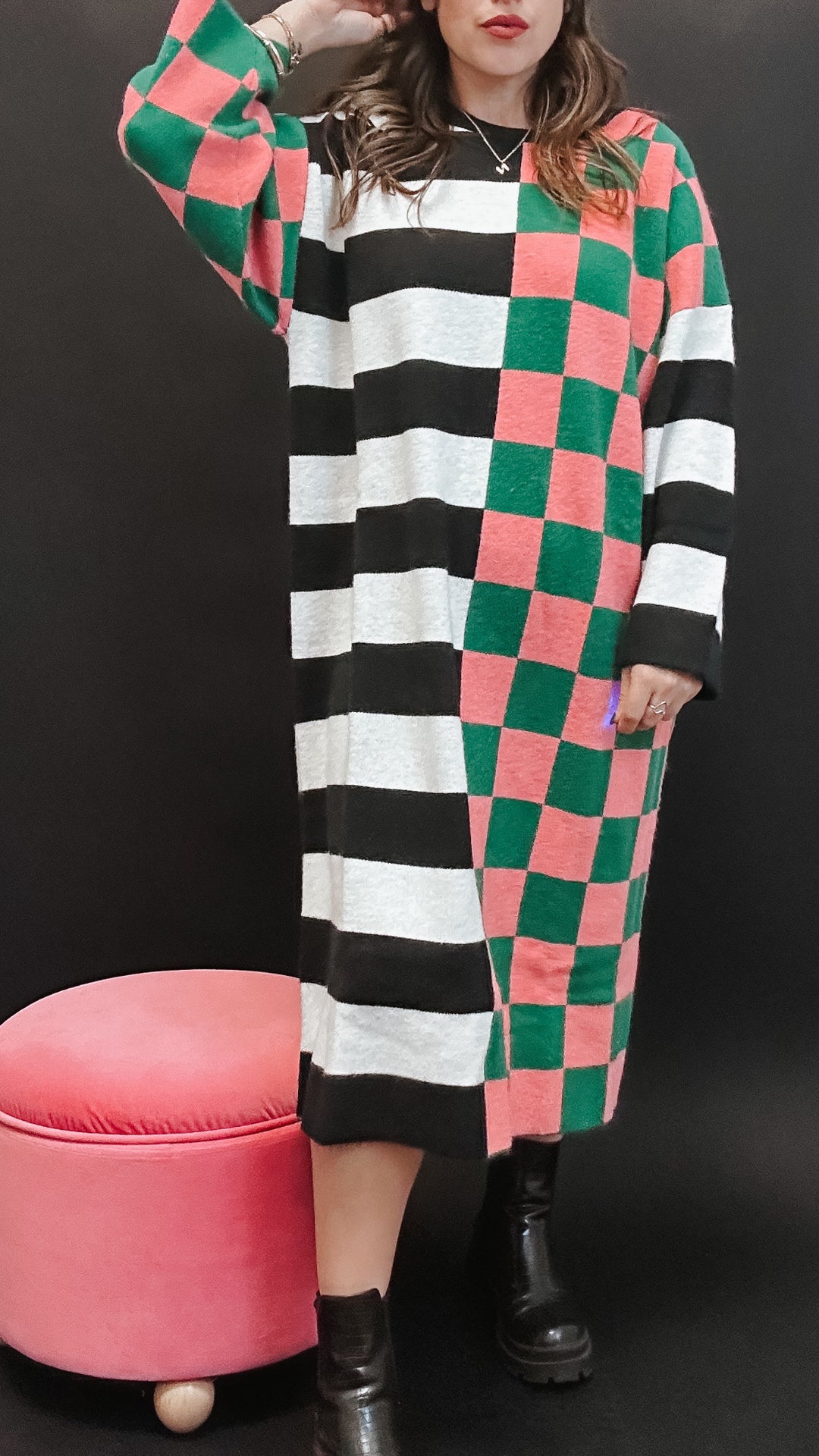 The Checkered and Stripe Oversized Sweater Dress