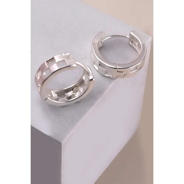 Silver Matte Checker Huggie Earring