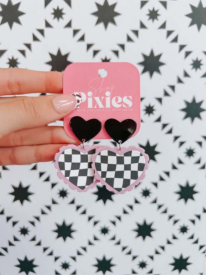 Purple Checkered Heart Earrings