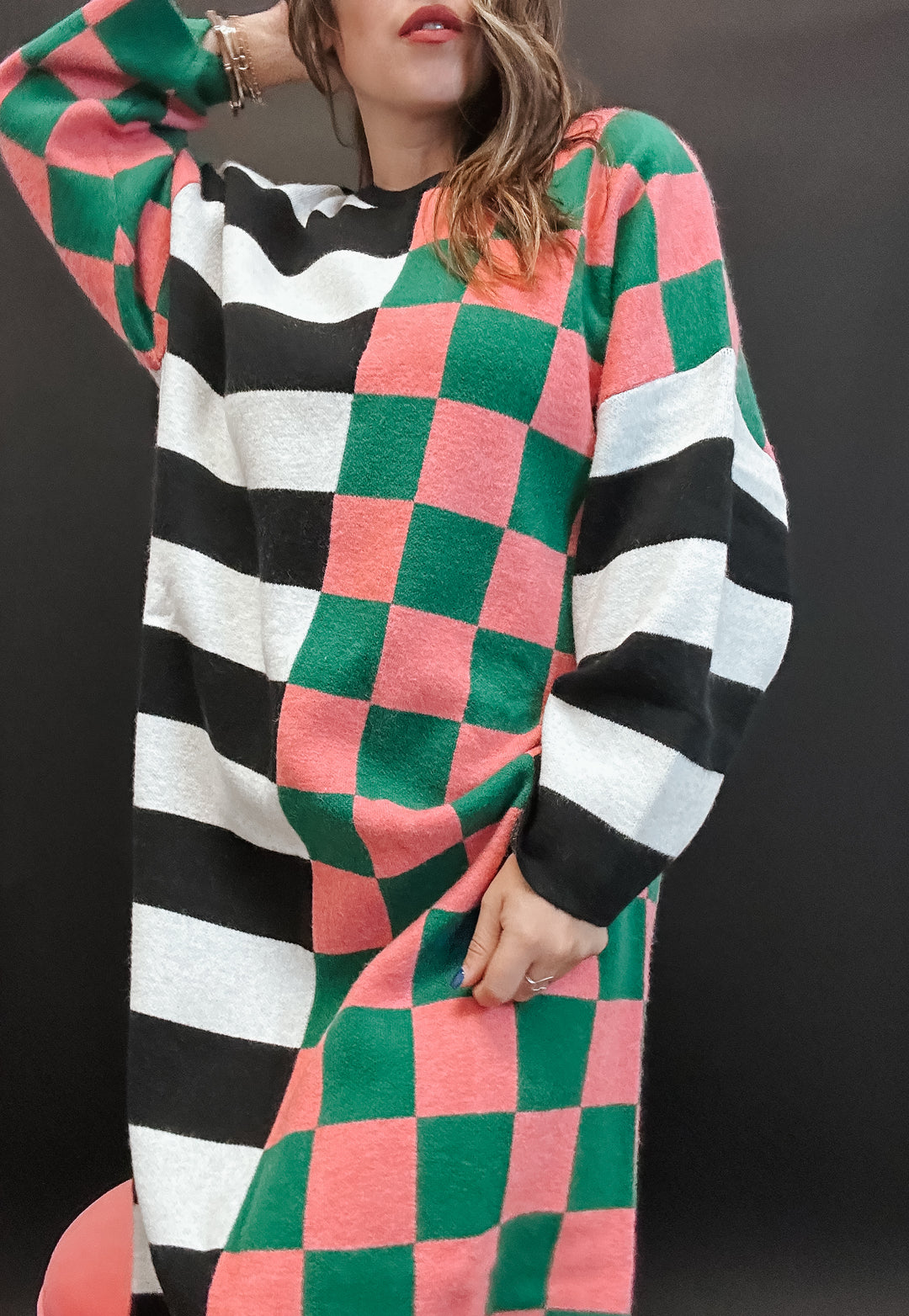 The Checkered and Stripe Oversized Sweater Dress