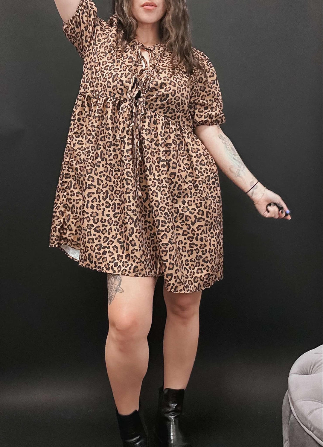 Leopard Puff Sleeve Front Bow Dress