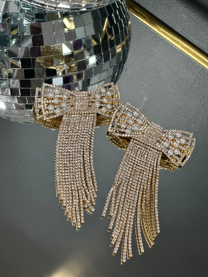 Pearl Rhinestone Bowtie Fringe Hair Clip