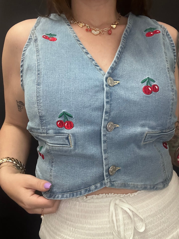 Cherry Denim Vest
