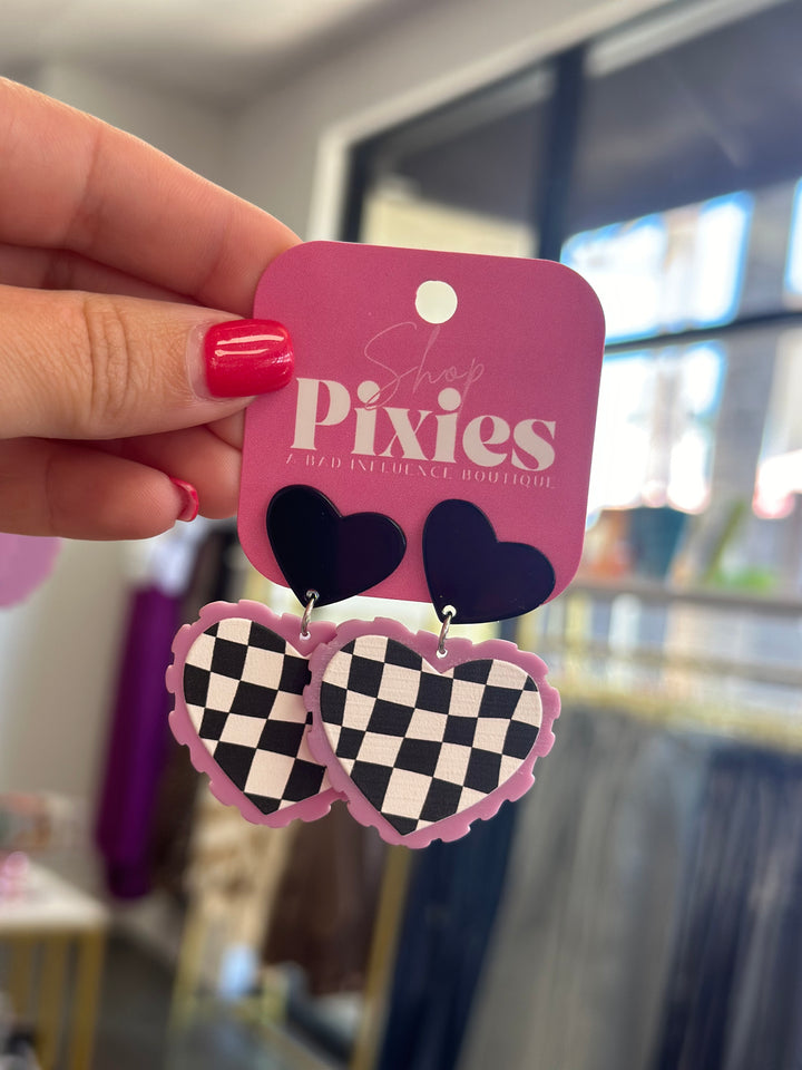 Purple Checkered Heart Earrings