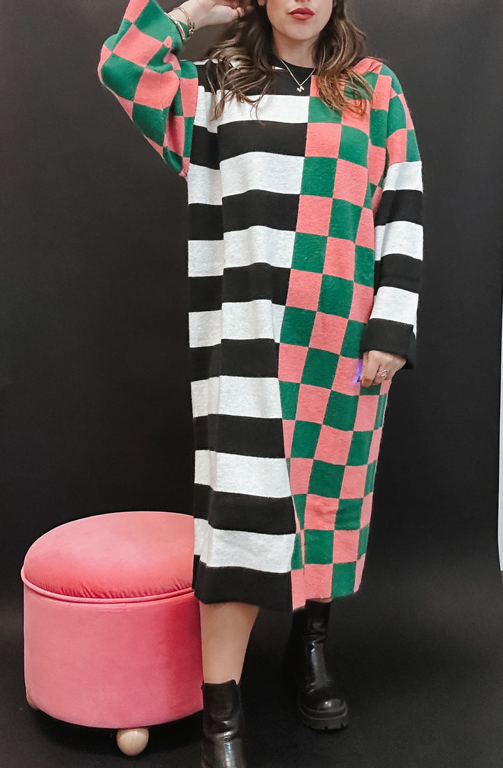 The Checkered and Stripe Oversized Sweater Dress