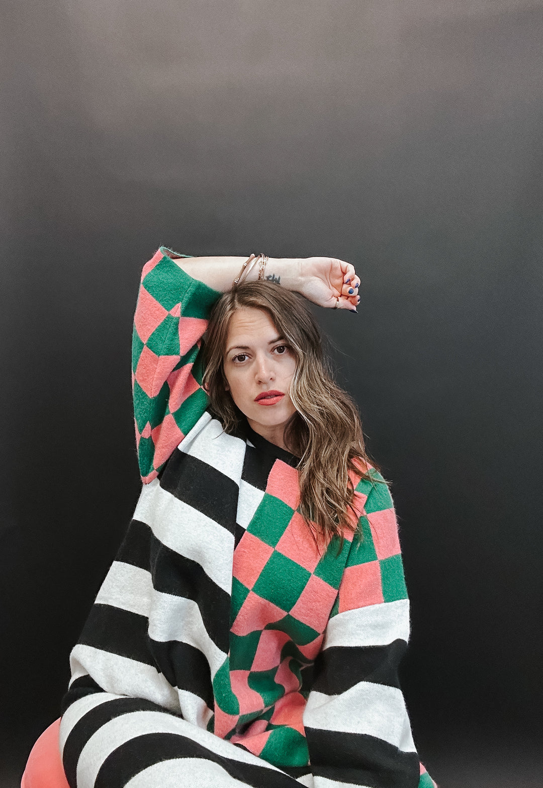 The Checkered and Stripe Oversized Sweater Dress