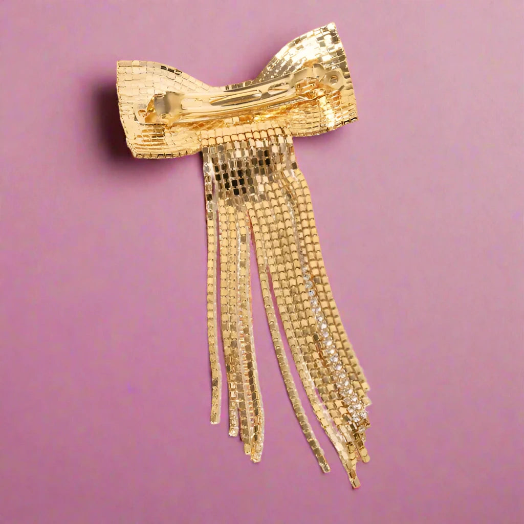 Pearl Rhinestone Bowtie Fringe Hair Clip