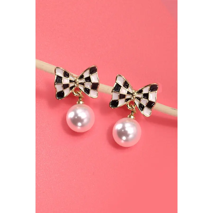 Checker Bow Pearl Drop Earrings