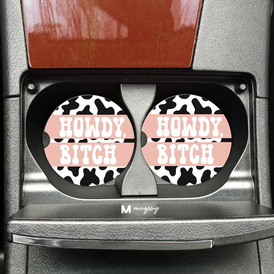 Howdy Bitch Cow Print Car Coasters