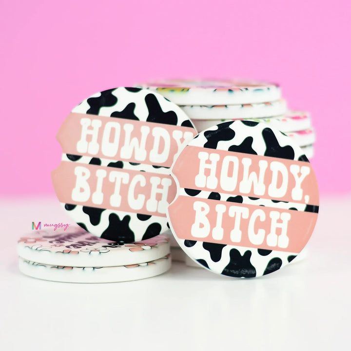 Howdy Bitch Cow Print Car Coasters